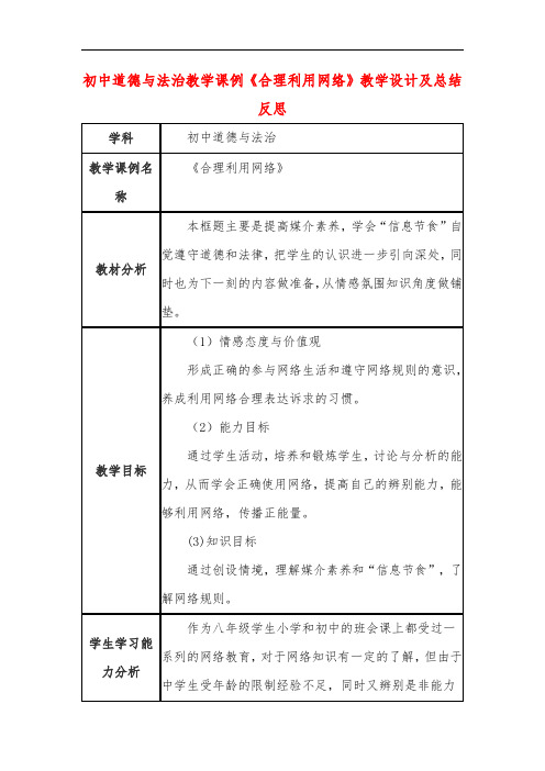 初中道德与法治教学课例《合理利用网络》课程思政核心素养教学设计及总结反思