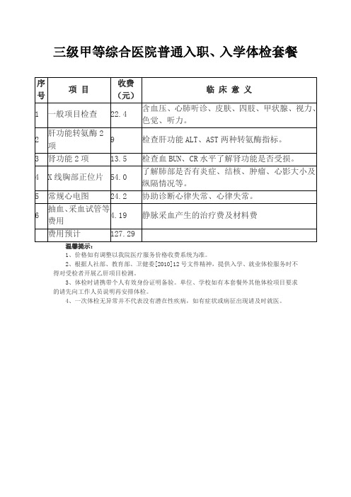 三级甲等综合医院普通入职、入学体检套餐