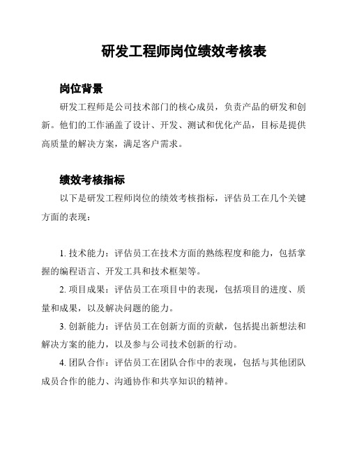 研发工程师岗位绩效考核表