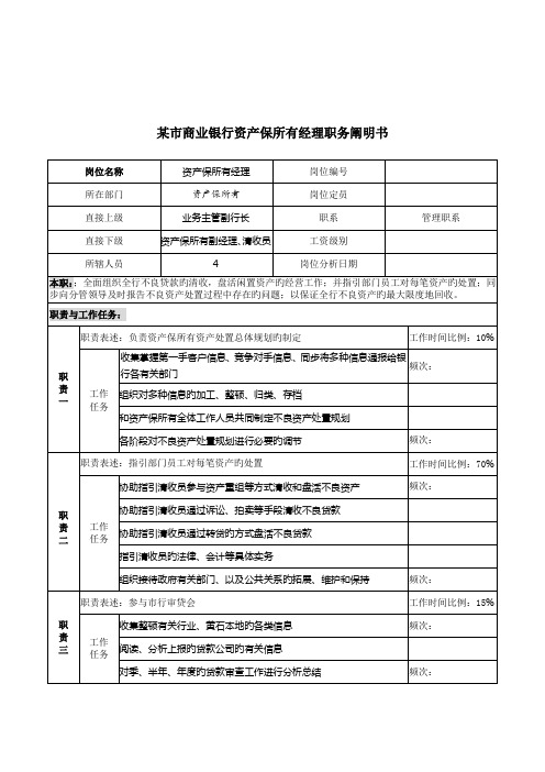 市商业银行资产保全部经理职务专项说明书