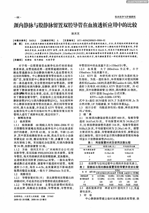 颈内静脉与股静脉留置双腔导管在血液透析应用中的比较
