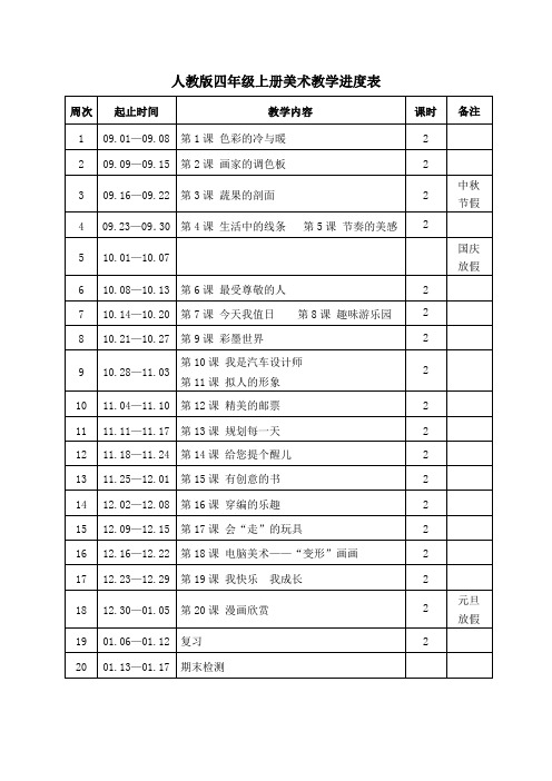 人教版四年级上册美术教学进度表