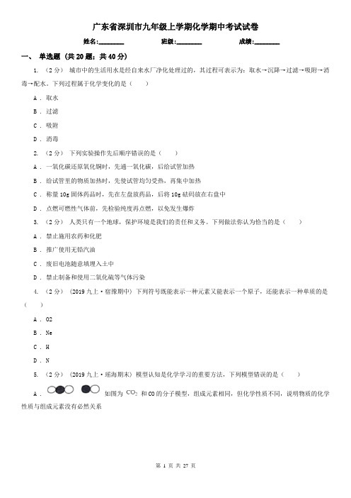 广东省深圳市九年级上学期化学期中考试试卷