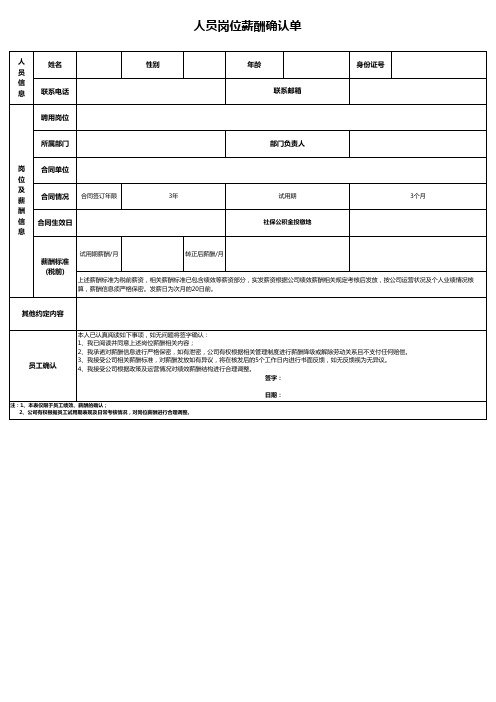 人事管理表格-人员岗位薪酬确认单