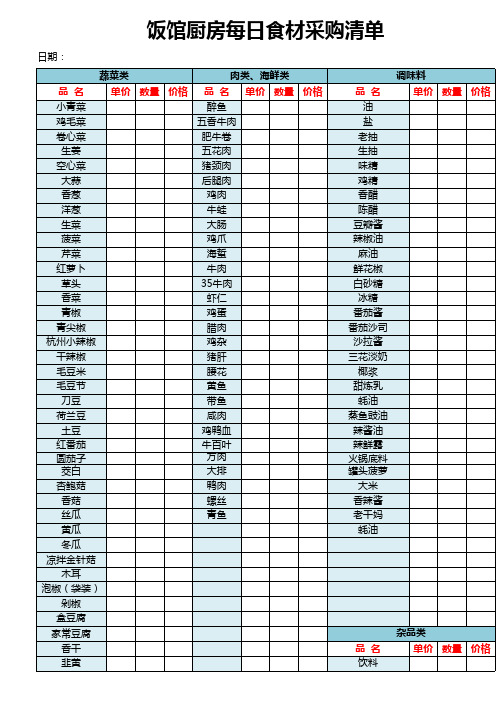 饭馆厨房每日食材采购清单EXCEL模板(推荐)