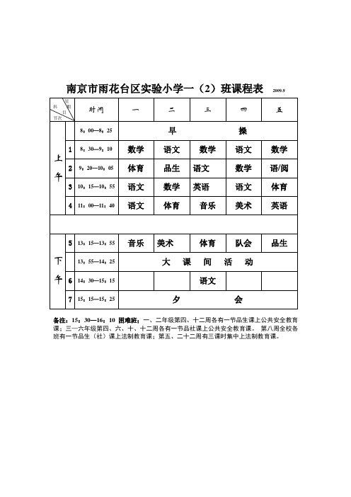 南京市雨花台区实验小学一(2)班课程表2009.9