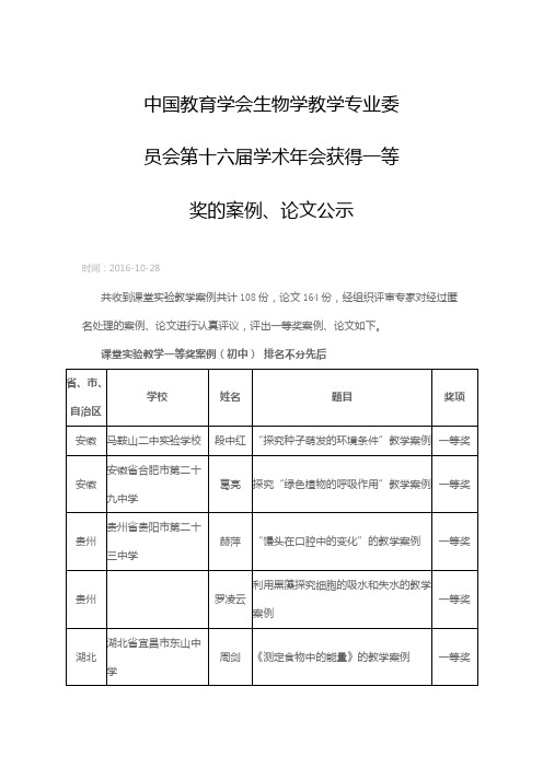 中国教育学会生物学教学专业委员会第十六届学术年会获得一等奖的案例资料