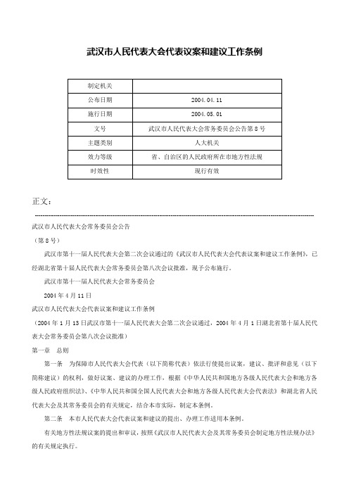 武汉市人民代表大会代表议案和建议工作条例-武汉市人民代表大会常务委员会公告第8号