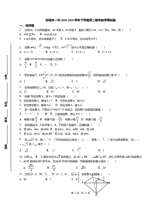 邹城市一中2018-2019学年下学期高二期中数学模拟题