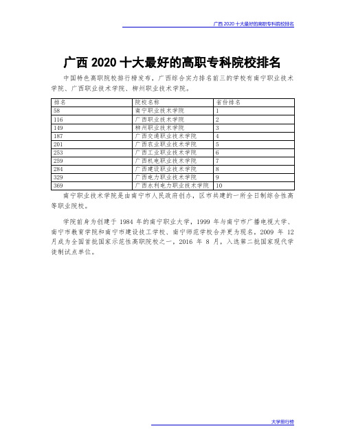 广西2020十大最好的高职专科院校排名