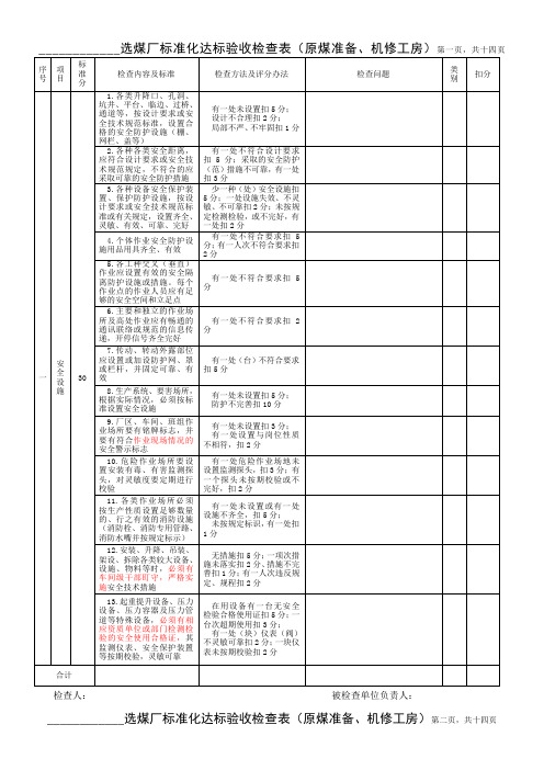 选煤厂标准化达标验收检查表(原煤准备机修工房)