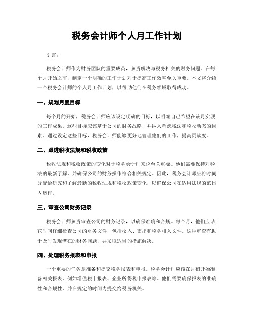 税务会计师个人月工作计划