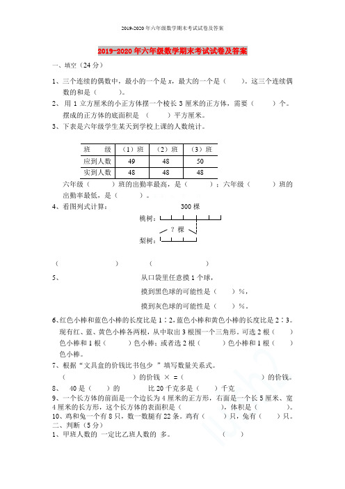 2019-2020年六年级数学期末考试试卷及答案