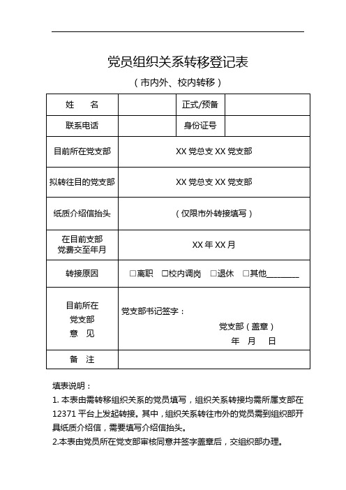 重庆三峡学院党员组织关系转移登记表(适用于市内外、校内组织关系转移)