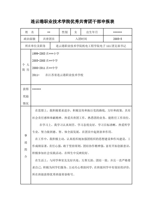 连云港职业技术学院优秀共青团干部申报表