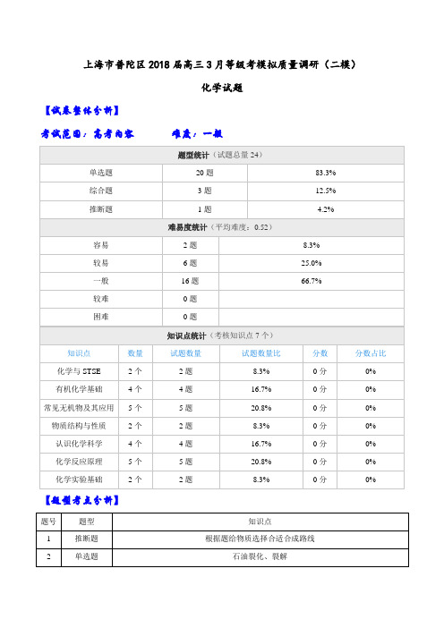 【全国大联考】【上海】 上海市普陀区2018届高三3月等级考模拟质量调研(二模)化学试题(解析版)