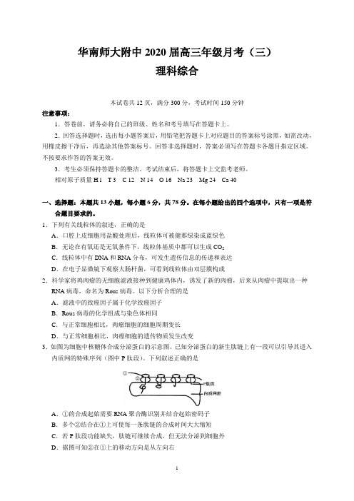 华南师大附中2020届高三年级月考(三)(理综)