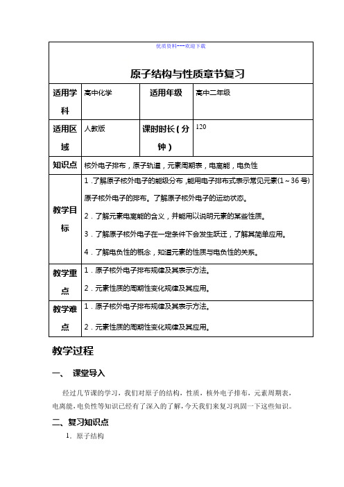 高中化学人教版选修三 物质结构与性质高中化学选修三第一章 章末复习 教案3