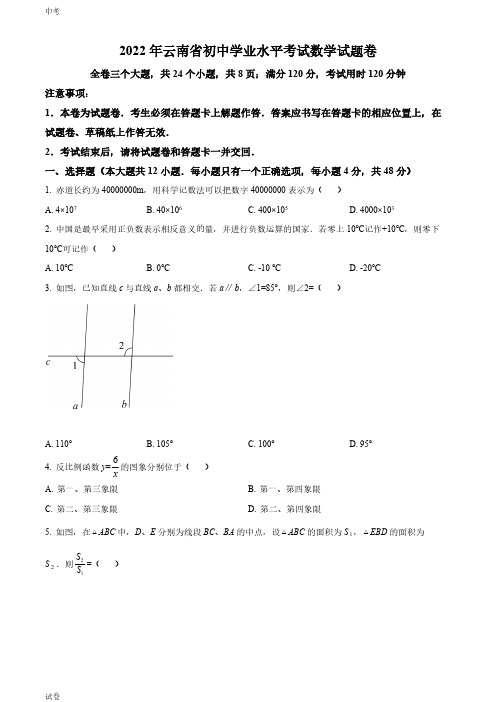 2022云南省中考数学真题试卷和答案