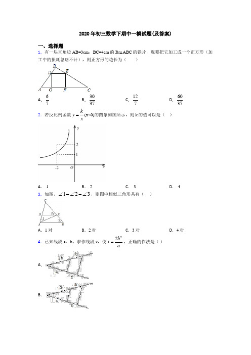 2020年初三数学下期中一模试题(及答案)