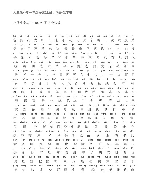 人教版一年级(上下学期)生字表