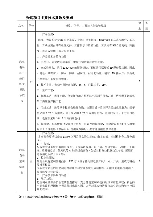 采购项目主要技术参数及要求