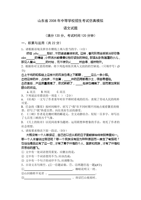 山东省2008年中等学校招生考试仿真模拟语文试题