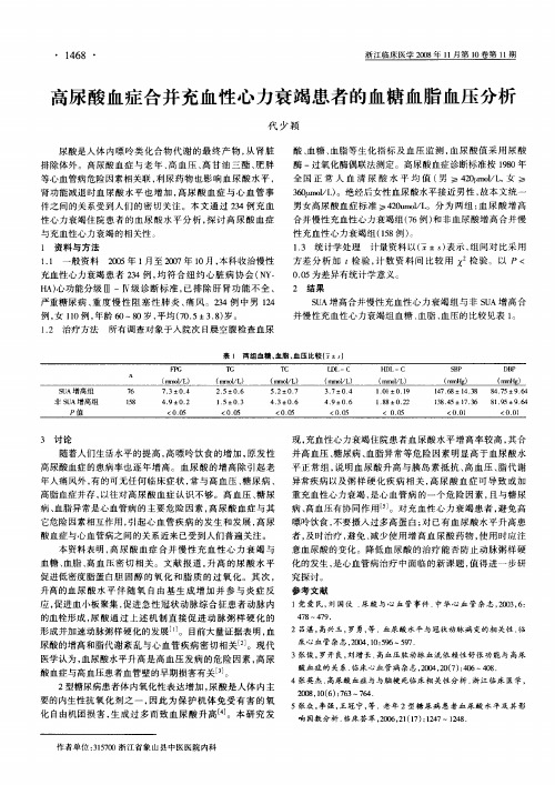 高尿酸血症合并充血性心力衰竭患者的血糖血脂血压分析