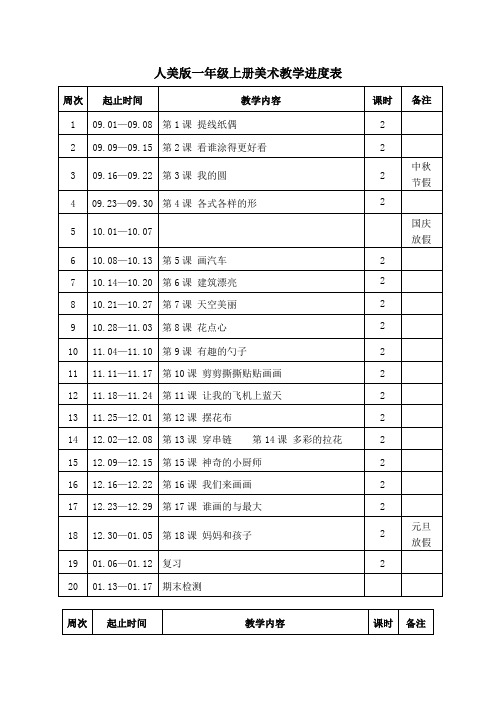 人美版一年级上册美术教学进度表