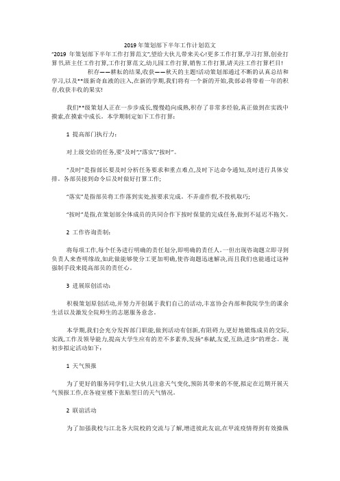 2019年策划部下半年工作计划范文