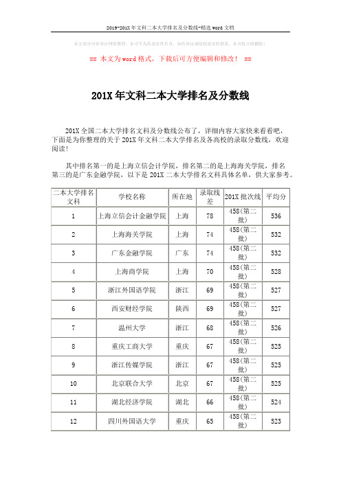 2019-201X年文科二本大学排名及分数线-精选word文档 (21页)