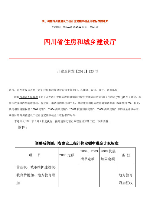 调整后的四川省建设工程计价定额中税金计取标准