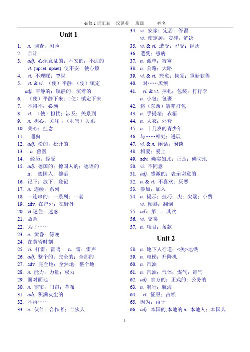 必修1词汇表---汉译英Microsoft Office Word 97-2003 文档