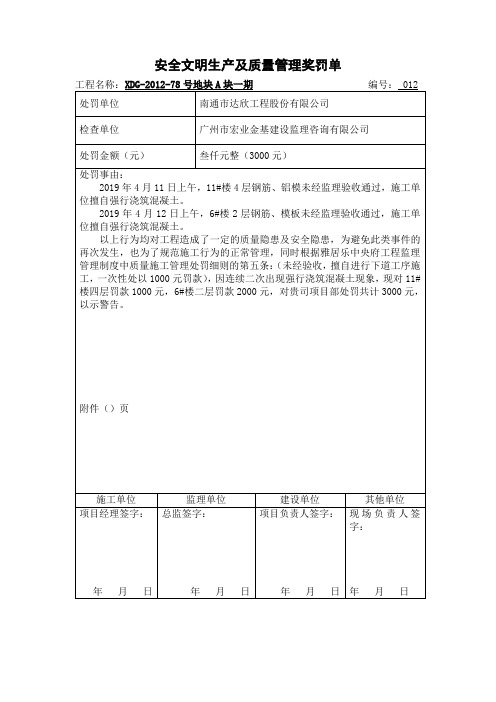 监理对施工单位所开罚款单