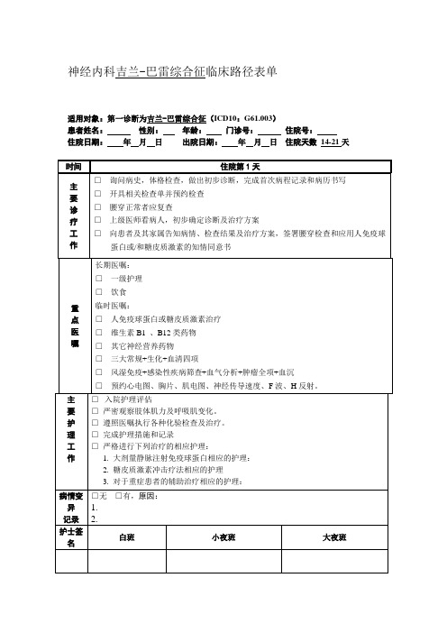 神经内科吉兰-巴雷综合征临床路径表单