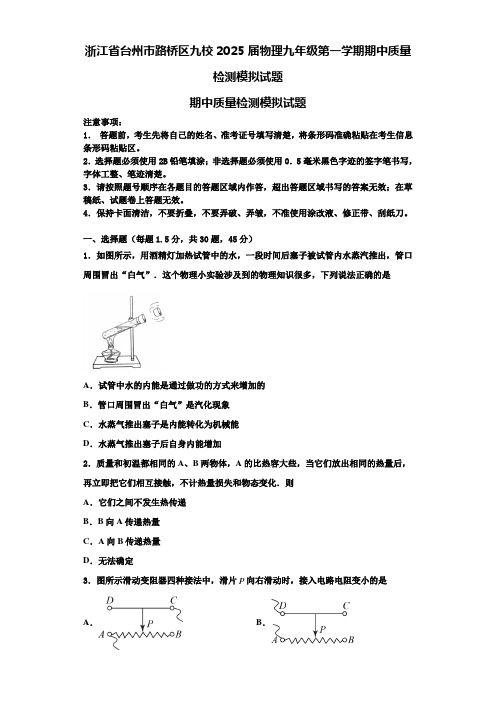 浙江省台州市路桥区九校2025届物理九年级第一学期期中质量检测模拟试题含解析