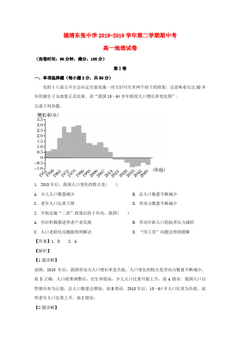 福建省福清市东张中学2018_2019学年高一地理下学期期中试题(含解析)