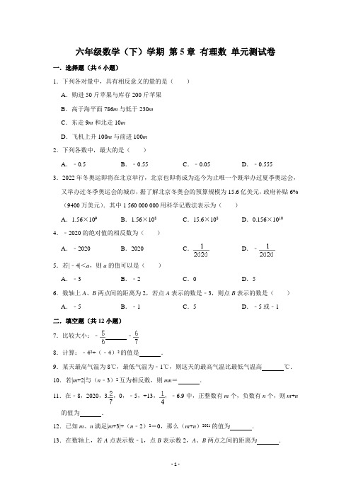 上海市(沪教版)六年级数学(下)学期 第5章 有理数 单元测试卷 (含解析)