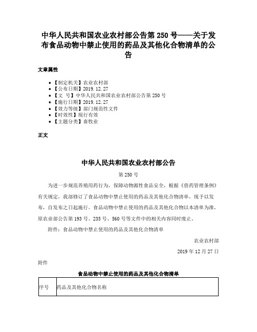 中华人民共和国农业农村部公告第250号——关于发布食品动物中禁止使用的药品及其他化合物清单的公告