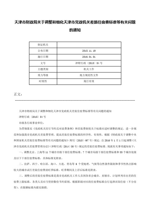 天津市财政局关于调整和细化天津市党政机关差旅住宿费标准等有关问题的通知-津财行政〔2015〕54号