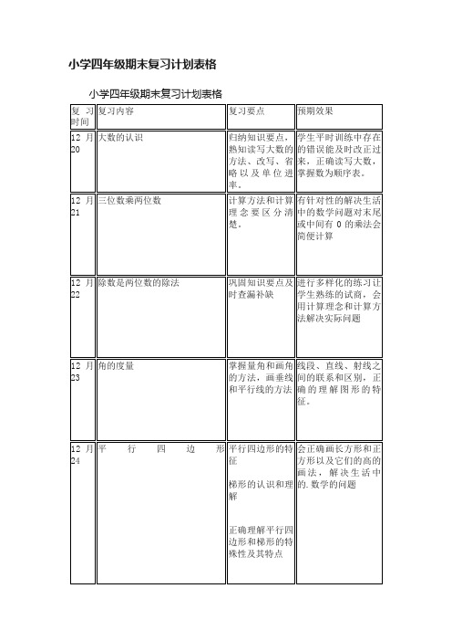 小学四年级期末复习计划表格