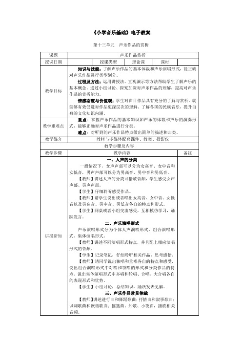 小学音乐基础第13单元   声乐作品赏析教学教案