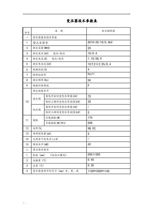 10KV干式变压器全参数表(1)