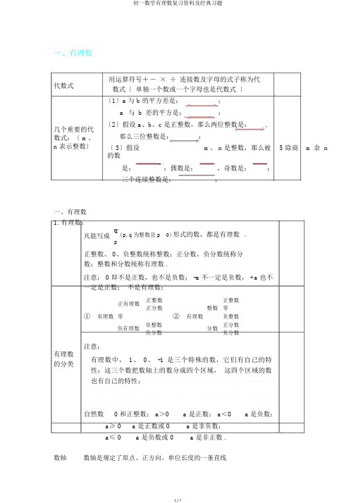 初一数学有理数复习资料及经典习题