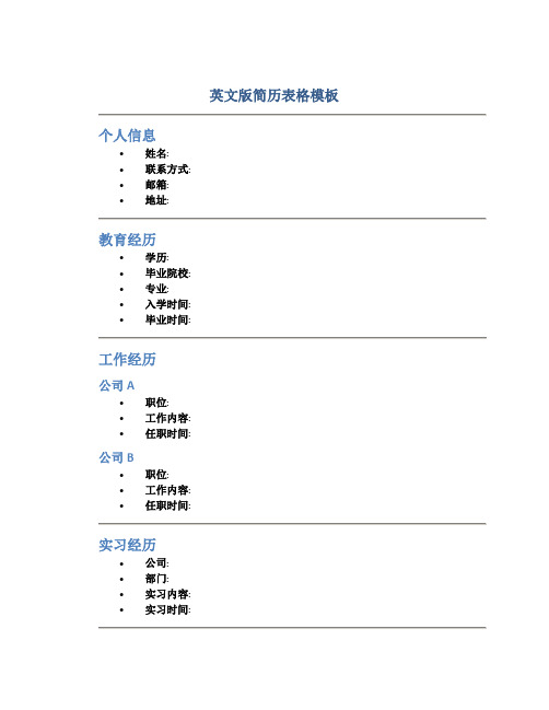 英文版简历表格模板