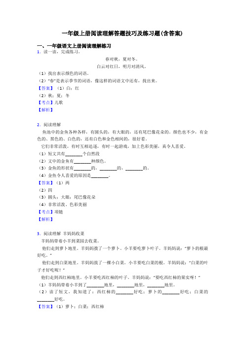 一年级一年级上册阅读理解答题技巧及练习题(含答案)