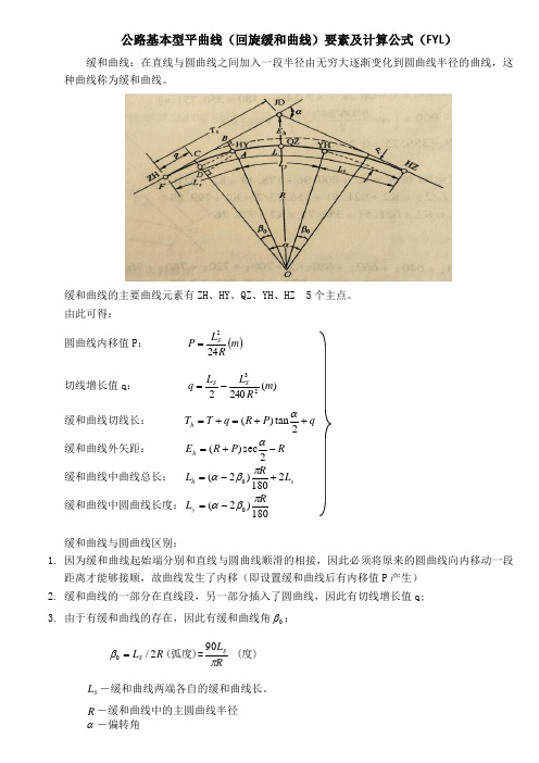 公路基本型平曲线(回旋缓和曲线)要素及计算公式