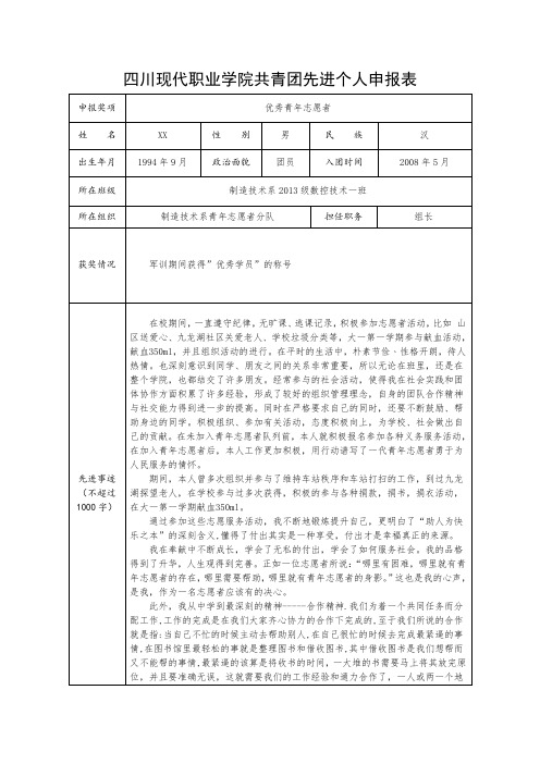 优秀青年志愿者申报表格