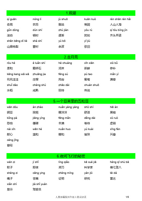 最新版人教部编版小学语文四年级上册课后词语表