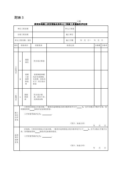 原坝体混凝土表面凿除处理单元工程施工质量验收评定表